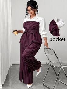 Elenzga Plus Size Burgundy Vertical Striped Colorblock 2 Pieces Set, Faux 2-Piece Long Sleeve Collared Shirt With High Waist Side Slit Wide Leg Pants, Cinched Waist Design, Suitable For Spring/Autumn, Business Meetings, Parties And Outings, Inclusive Fashion Outfit - Brown - View 1