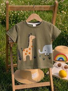 SHEIN Baby Boy Casual Kawaii Cute Minimalist Cartoon Animal Print Short Sleeve Top Suitable For Spring And Summer Holiday First Birthday Army Green - Multicolor - View 4