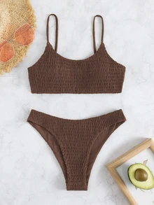 Swim Basics طقم بكيني بحمالات سباغيتي أحادية اللون، ملابس السباحة المدموغة، لإطلالة شاطئية صيفية، عطلة صيفية - قهوة بني - مشاهدة 3