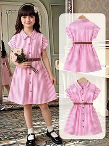 SHEIN Young Girl Loose Woven Summer Princess Dress, White Pink Striped Collar, Button Front, Belt, Dropped Shoulder,7th Birthday, Spring Casual - Pink - View 1