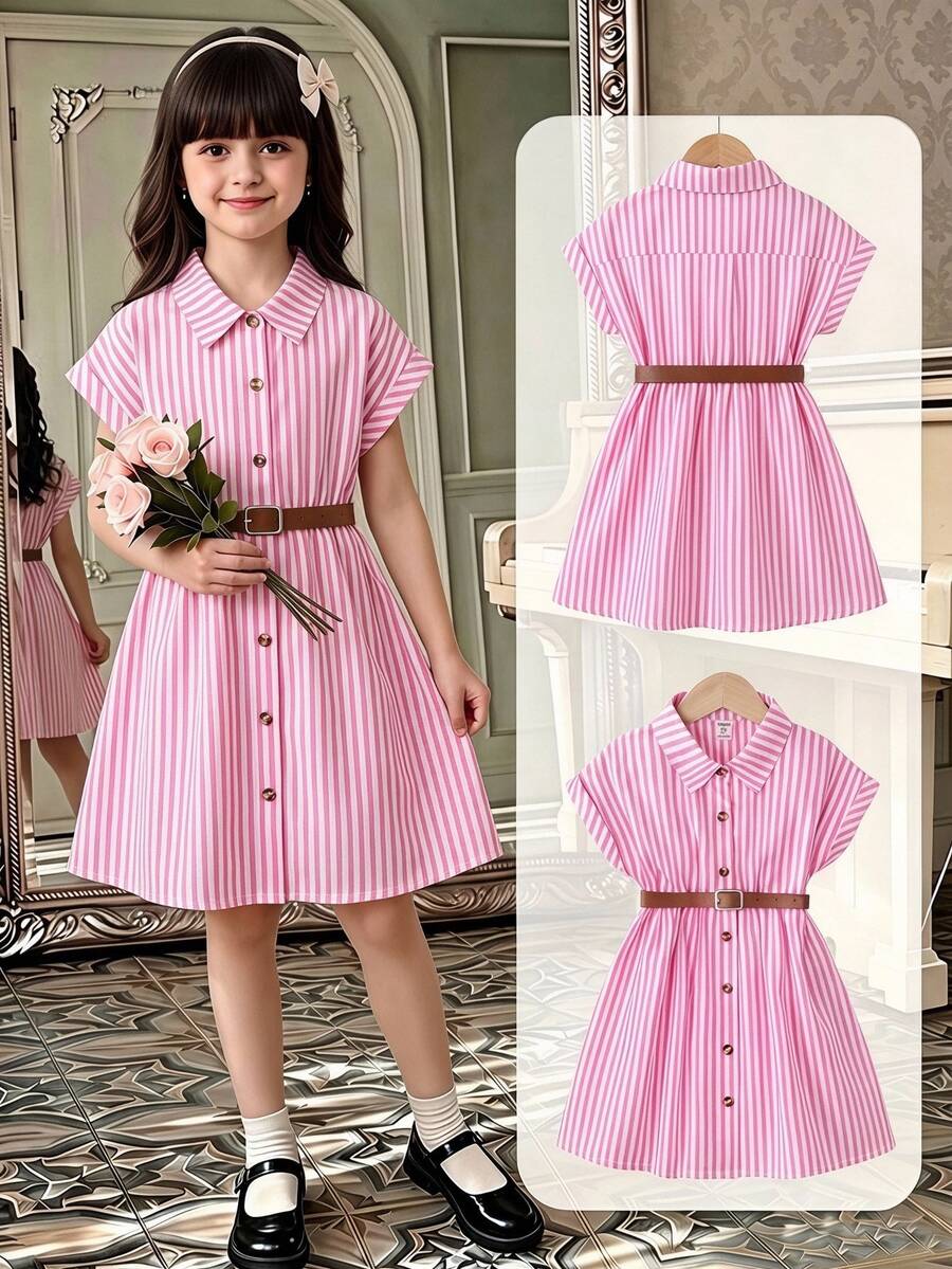 SHEIN Young Girl Loose Woven Summer Princess Dress, White Pink Striped Collar, Button Front, Belt, Dropped Shoulder,7th Birthday, Spring Casual - Pink - View 1