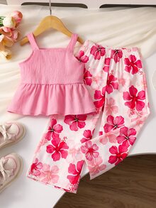 SHEIN 女童夏季印花細肩帶上衣＋寬腿褲 2件套，甜美可愛，適合 4-7 歲，7 歲生日，棕色白色櫻桃 - 彩色 - 查看 9