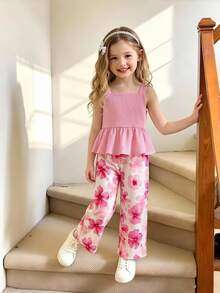 SHEIN 女童夏季印花細肩帶上衣＋寬腿褲 2件套，甜美可愛，適合 4-7 歲，7 歲生日，棕色白色櫻桃 - 彩色 - 查看 2