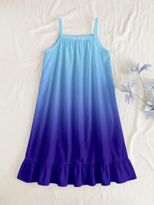 SHEIN Tween Girls Summer Royal Blue Gradient Floral Print Sleeveless Mini Dress, Adjustable Spaghetti Straps, Casual Cute Tropical, Vacation Beach - Blue - View 4