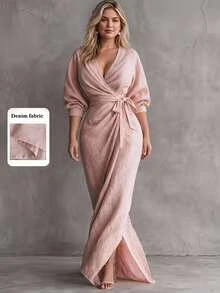 Linhara Plus Size Women's Soft Nude Pink V-Neck Fitted Dress With Tie Waist And High Slit, Long Vacation Dress Fall - Pink - View 1