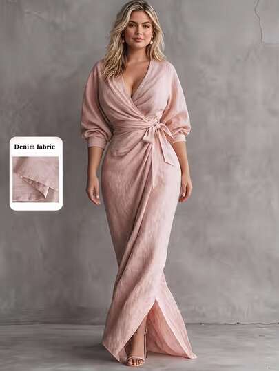 Linhara Plus Size Women's Soft Nude Pink V-Neck Fitted Dress With Tie Waist And High Slit, Long Vacation Dress Fall