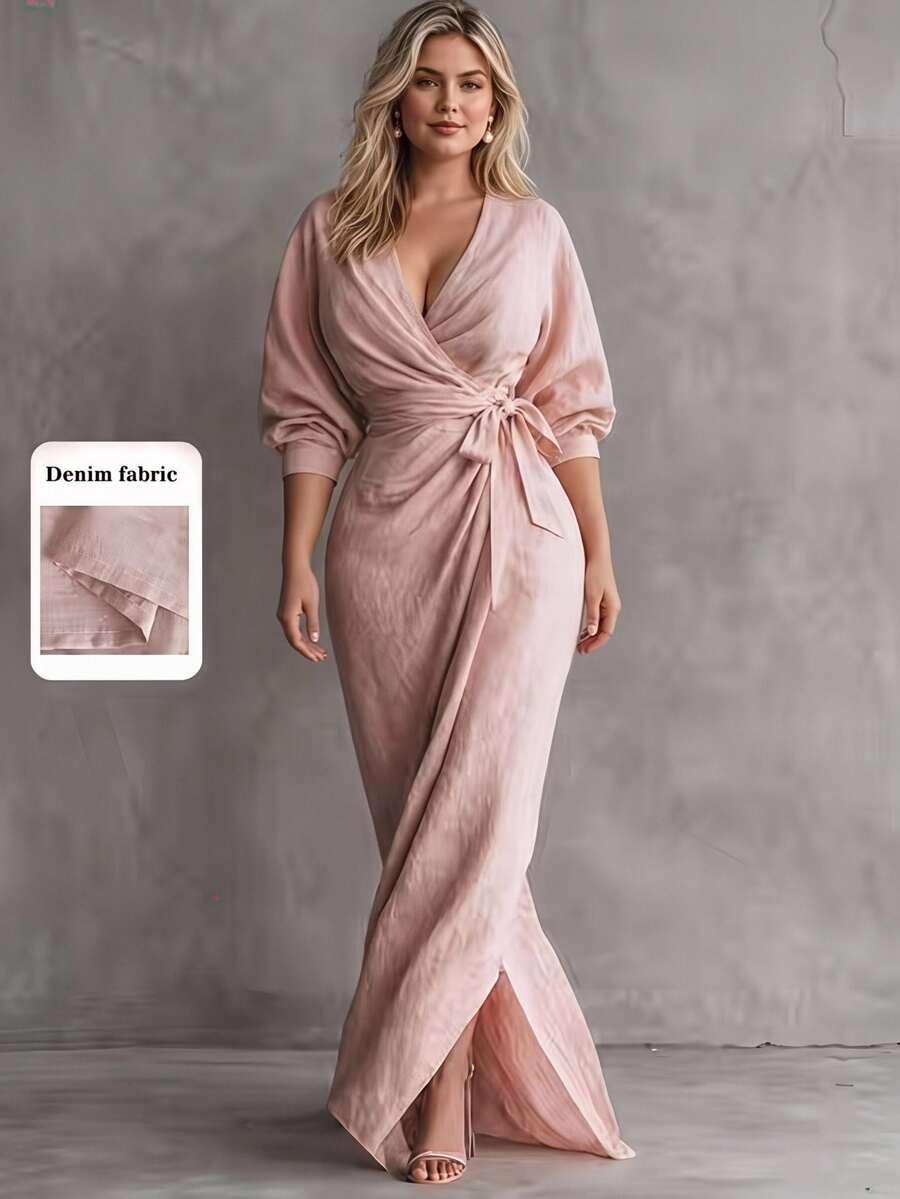 Linhara Plus Size Women's Soft Nude Pink V-Neck Fitted Dress With Tie Waist And High Slit, Long Vacation Dress Fall - Pink - View 1