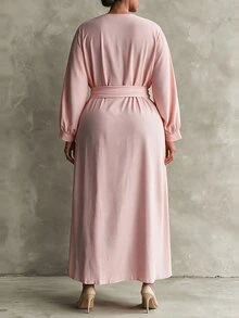 Linhara Plus Size Women's Soft Nude Pink V-Neck Fitted Dress With Tie Waist And High Slit, Long Vacation Dress Fall - Pink - View 2