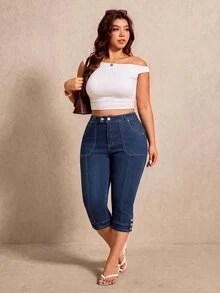 Elaquor Plus Size Fashion Button Pocket Denim Capris - Blue - View 5