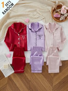SHEIN Girls Pajamas, Solid Color Satin Minimalist Princess Pocket Heart Print Long Sleeve Cardigan Pants, Casual Homewear, 7th Birthday Baby Shower Red Fall - Purple - View 9