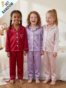 SHEIN Girls Pajamas, Solid Color Satin Minimalist Princess Pocket Heart Print Long Sleeve Cardigan Pants, Casual Homewear, 7th Birthday Baby Shower Red Fall - Purple - View 2