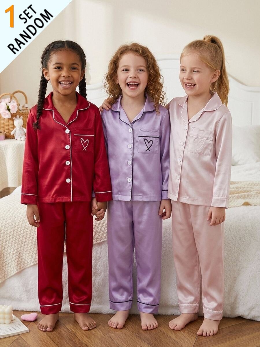 SHEIN Girls Pajamas, Solid Color Satin Minimalist Princess Pocket Heart Print Long Sleeve Cardigan Pants, Casual Homewear, 7th Birthday Baby Shower Red Fall