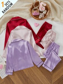 SHEIN Girls Pajamas, Solid Color Satin Minimalist Princess Pocket Heart Print Long Sleeve Cardigan Pants, Casual Homewear, 7th Birthday Baby Shower Red Fall - Purple - View 3
