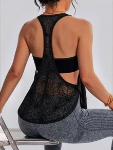 SHEIN Dewbera 女款蜘蛛網網格拼接露背日常健身競賽背心 - 黑色 - 查看 5