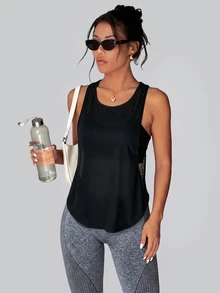 SHEIN Dewbera 女款蜘蛛網網格拼接露背日常健身競賽背心 - 黑色 - 查看 6