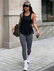 SHEIN Dewbera 女款蜘蛛網網格拼接露背日常健身競賽背心 - 黑色 - 查看 4