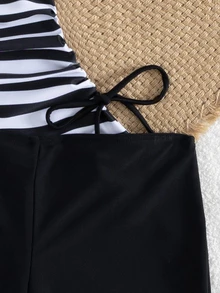 SHEIN Swim 两件套女士沙滩装 - 条纹分体泳衣、性感休闲派对泳衣、欧美风格运动分体泳衣 - 彩色 - 查看 6
