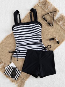 SHEIN Swim 两件套女士沙滩装 - 条纹分体泳衣、性感休闲派对泳衣、欧美风格运动分体泳衣 - 彩色 - 查看 5