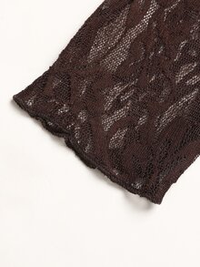 SHEIN 青少年女孩純色棕色紋理針織拼接蕾絲二合一長袖T恤，返校穿搭，長袖上衣，適合日常休閒 - 棕色 - 查看 5