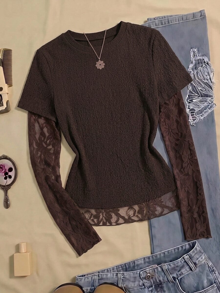 SHEIN Teen Girl Teen Girls Solid Brown Textured Knit Contrast Lace 2 In 1 Long Sleeve T-Shirt, Back To School Outfit, Long Sleeve Tops, Suitable For Daily Casual - Brown - View 1