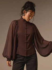 COSMINA Women's Casual Vintage 70s Retro Elegant Coffee Brown Long Sleeve Top - Suitable For Dinner Party, Daily, Fall Workplace, Chinese Frog Button Design - Brown - View 3