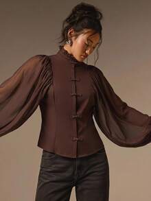 COSMINA Women's Casual Vintage 70s Retro Elegant Coffee Brown Long Sleeve Top - Suitable For Dinner Party, Daily, Fall Workplace, Chinese Frog Button Design - Brown - View 5