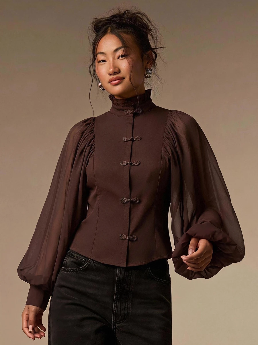 COSMINA Women's Casual Vintage 70s Retro Elegant Coffee Brown Long Sleeve Top - Suitable For Dinner Party, Daily, Fall Workplace, Chinese Frog Button Design - Brown - View 1