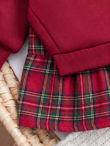 SHEIN Babygirl Cute Brown Knitted Patchwork Plaid Long Sleeve Autumn Winter Dress - Multicolor - View 6