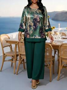 SHEIN Lady Plus Size Women's All-Over Print Crew Neck Long Sleeve Top And Pants Casual Elegant Daily 2 Pieces Set Fall Party Vacation - Multicolor - View 4