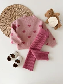 SHEIN 2pcs Baby Girl Cute Polka Dot Long Sleeve Sweater & Elastic Waist Pants Set, Casual Autumn/Winter Fall - Pink - View 3