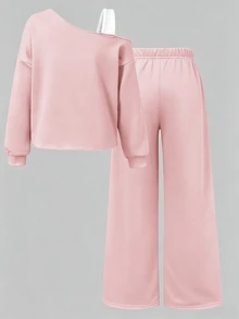 SHEIN Tween Girls Fall Outfits 2pcs/Set Round Neck Autumn/Winter Sweatshirt Set, Asymmetric Shoulder Patchwork School Sport Pastel Athletic Cute Cowgirl - Pink - View 2