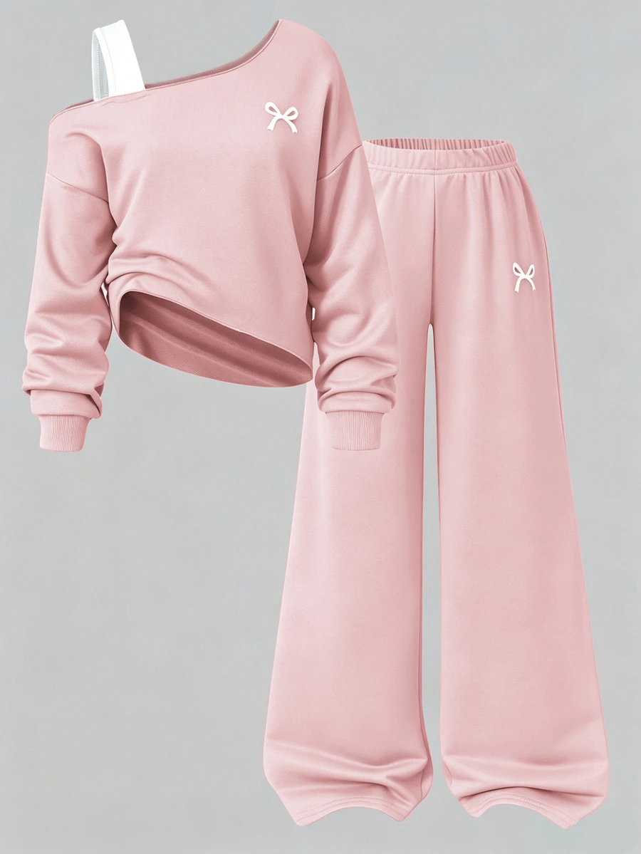 SHEIN Tween Girls Fall Outfits 2pcs/Set Round Neck Autumn/Winter Sweatshirt Set, Asymmetric Shoulder Patchwork School Sport Pastel Athletic Cute Cowgirl - Pink - View 1