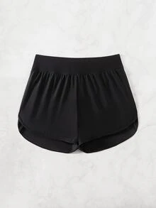 SHEIN Swim 女士夏季海灘純色彈性腰板短褲，適合度假和泳池穿著 - 黑色 - 查看 8