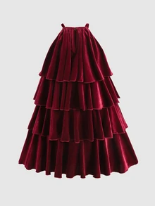 SHEIN Tween Girl Kids Loose Fit Layered Solid Burgundy Velvet Elegant Halter Neck Sleeveless Ruffle Hem Midi Autumn Dress Party Dress - Burgundy - View 3
