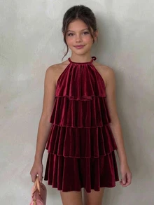 SHEIN Tween Girl Kids Loose Fit Layered Solid Burgundy Velvet Elegant Halter Neck Sleeveless Ruffle Hem Midi Autumn Dress Party Dress - Burgundy - View 8