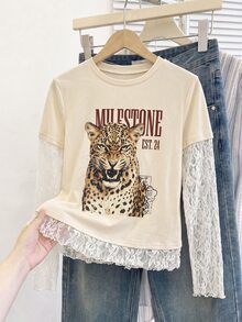 SHEIN Teen Girl Teen Girls Tiger Print Contrast Lace 2 In 1 Long Sleeve T-Shirt, Back To School Outfit, Long Sleeve Tops, Suitable For Daily Commute - Apricot - View 8