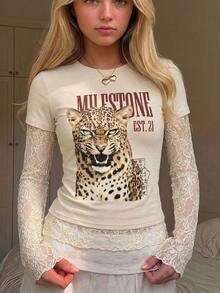 SHEIN Teen Girl Teen Girls Tiger Print Contrast Lace 2 In 1 Long Sleeve T-Shirt, Back To School Outfit, Long Sleeve Tops, Suitable For Daily Commute - Apricot - View 1