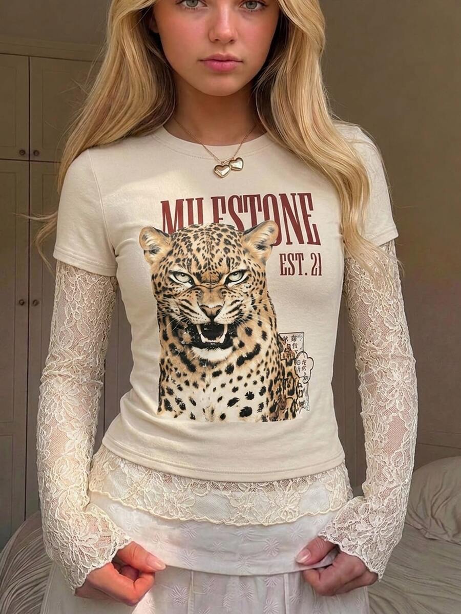 SHEIN Teen Girl Teen Girls Tiger Print Contrast Lace 2 In 1 Long Sleeve T-Shirt, Back To School Outfit, Long Sleeve Tops, Suitable For Daily Commute - Apricot - View 1