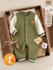 SHEIN 1pc Baby Toddler Jumpsuit, College Style Bear Embroidery Patch, Contrast Color Long Sleeve Fleece Jumpsuit, Daily Wear, Autumn/Winter - Army Green - View 6