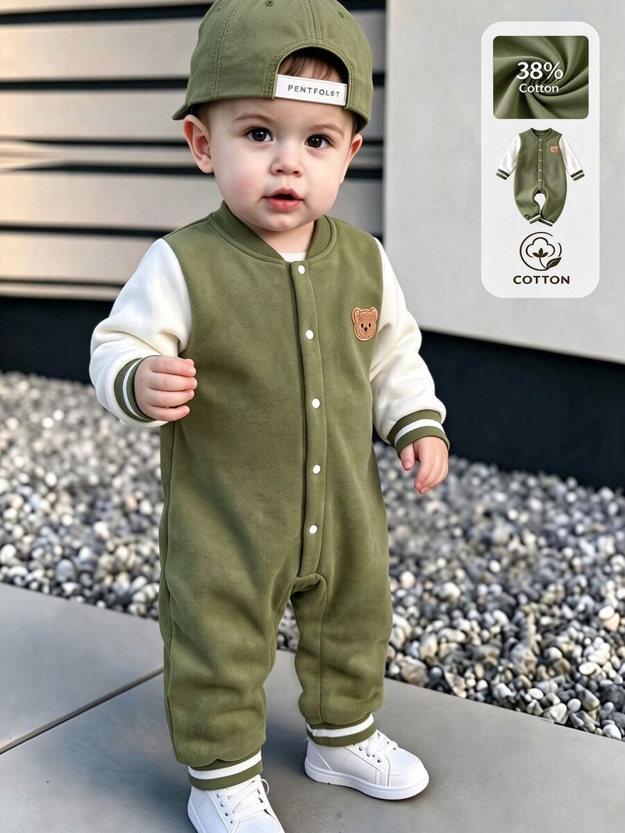 SHEIN 1pc Baby Toddler Jumpsuit, College Style Bear Embroidery Patch, Contrast Color Long Sleeve Fleece Jumpsuit, Daily Wear, Autumn/Winter