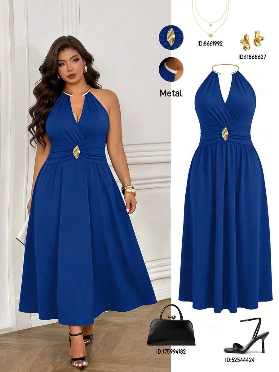Femmeverse Plus Size Elegant Romantic Metal Buckle Ruched Halter Neck Dress New Year Party Wedding Royal Blue Summer - Royal Blue - View 1