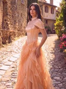 Aureia Champagne Princess Ball Gown, High Neck Cape Sleeve Corset Bodice, Layered 3D Petal Ruffle Hem Floor-Length Formal Evening Dress - Champagne - View 3