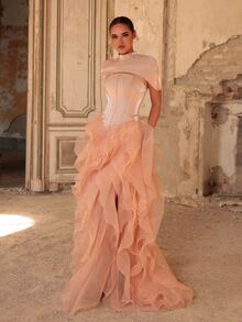 Aureia Champagne Princess Ball Gown, High Neck Cape Sleeve Corset Bodice, Layered 3D Petal Ruffle Hem Floor-Length Formal Evening Dress - Champagne - View 7