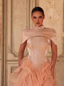 Aureia Champagne Princess Ball Gown, High Neck Cape Sleeve Corset Bodice, Layered 3D Petal Ruffle Hem Floor-Length Formal Evening Dress - Champagne - View 9