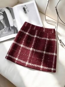 Muvela Women's Vintage Burgundy Plaid Tweed Mini Skirt Gold Button Strap Trim Decorative Double Breasted NapoleonStyleFrench Chic Christmas Party Fall Winter - Red - View 2