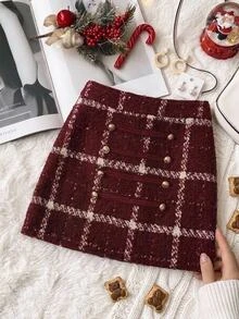 Muvela Women's Vintage Burgundy Plaid Tweed Mini Skirt Gold Button Strap Trim Decorative Double Breasted NapoleonStyleFrench Chic Christmas Party Fall Winter - Red - View 1