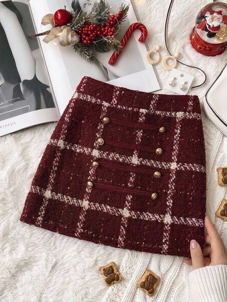 Muvela Women's Vintage Burgundy Plaid Tweed Mini Skirt Gold Button Strap Trim Decorative Double Breasted NapoleonStyleFrench Chic Christmas Party Fall Winter - Red - View 1
