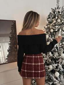 Muvela Women's Vintage Burgundy Plaid Tweed Mini Skirt Gold Button Strap Trim Decorative Double Breasted NapoleonStyleFrench Chic Christmas Party Fall Winter - Red - View 4