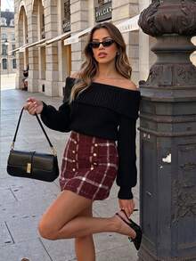 Muvela Women's Vintage Burgundy Plaid Tweed Mini Skirt Gold Button Strap Trim Decorative Double Breasted NapoleonStyleFrench Chic Christmas Party Fall Winter - Red - View 5