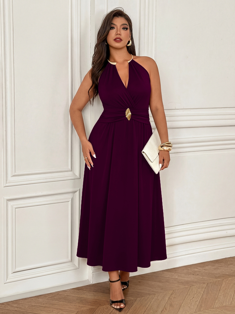 Femmeverse Plus Size Women's Elegant Halter Neck Dress With Metal Waist Decoration - Burgundy - View 7